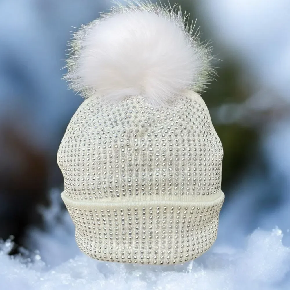 NWT Adrienne Landau White Beanie Hat/Beanie Silver Crystals Faux Fur Pom Pom OS